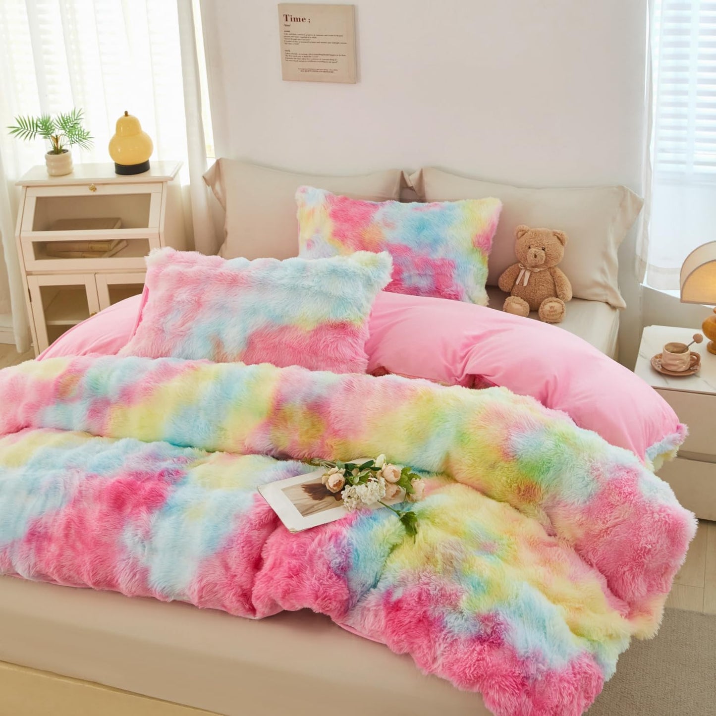 Faux Fur Duvet Cover Set Twin Size Cozy Bubble Rainbow Bedding