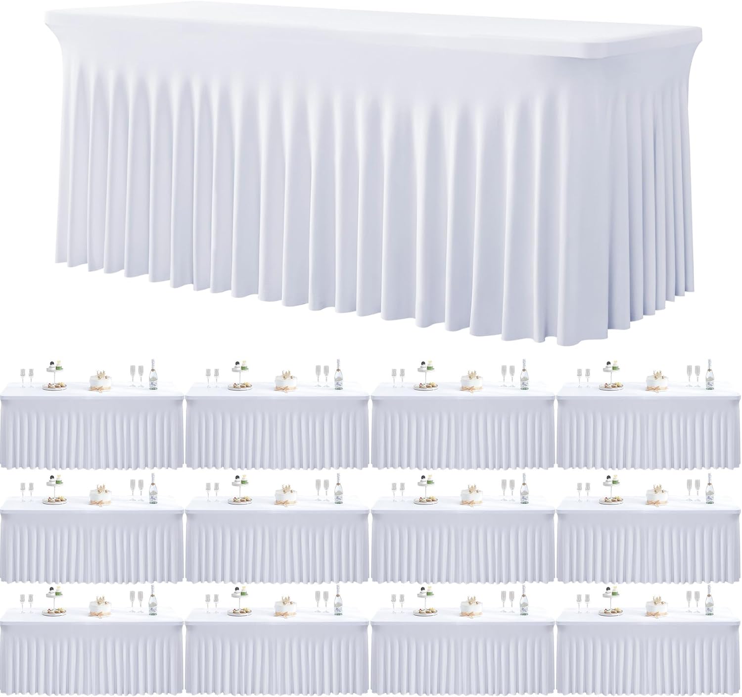 12 Pack White Spandex Tablecloths for 6 Foot Rectangle Tables