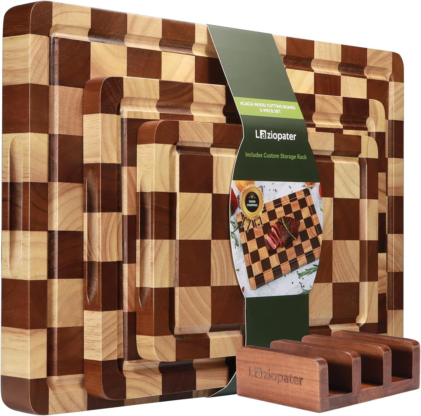 Checkerboard Cutting Board Set of 3 with Holder for Kitchen