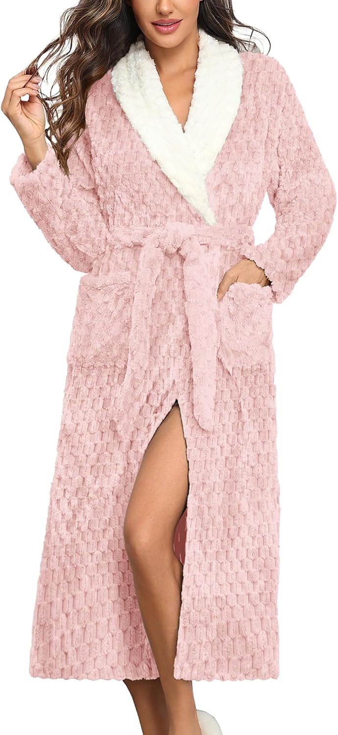 Ekouaer Women's Long Plush Soft Bathrobe with Pockets for Comfort