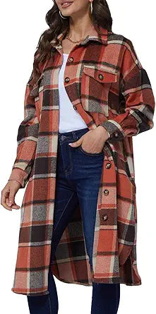 Xaspee Womens Long Plaid Shacket Jacket for Casual Fashion