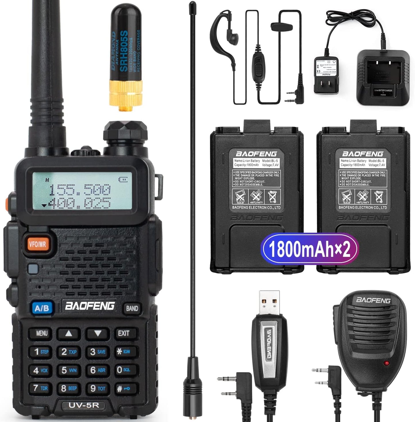 BaoFeng UV-5R Handheld Ham Radio with Extra Battery and Antenna