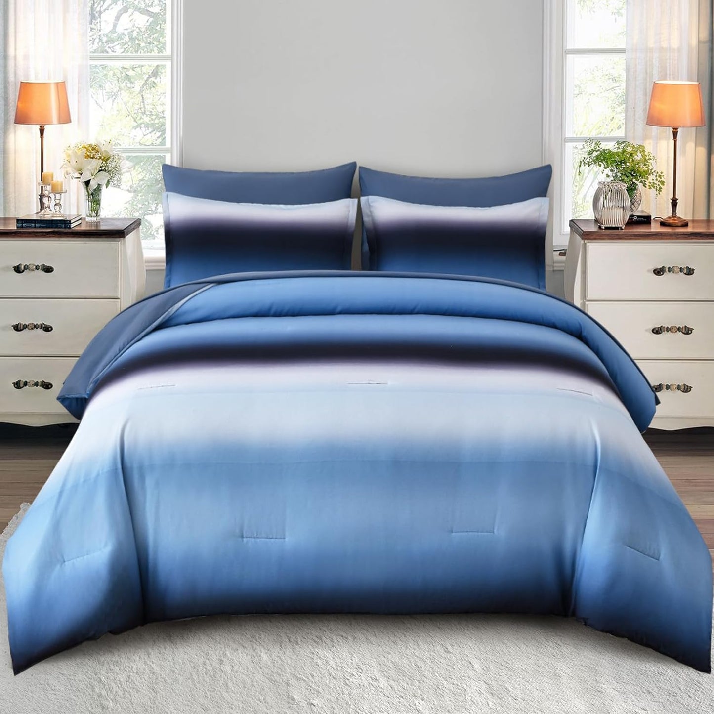Dinjoy Boho Striped Ombre Blue Comforter Set for King Size Beds