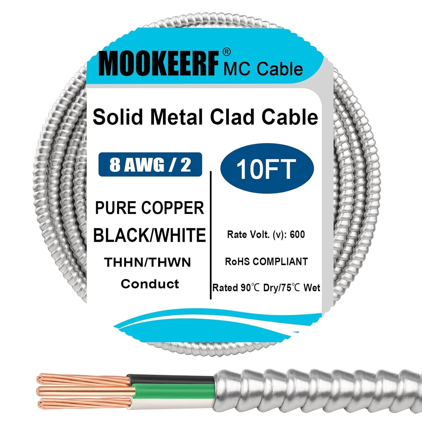 8/2 MC Cable with Ground - 10FT Pure Copper 8AWG/2 Metal Clad Wire