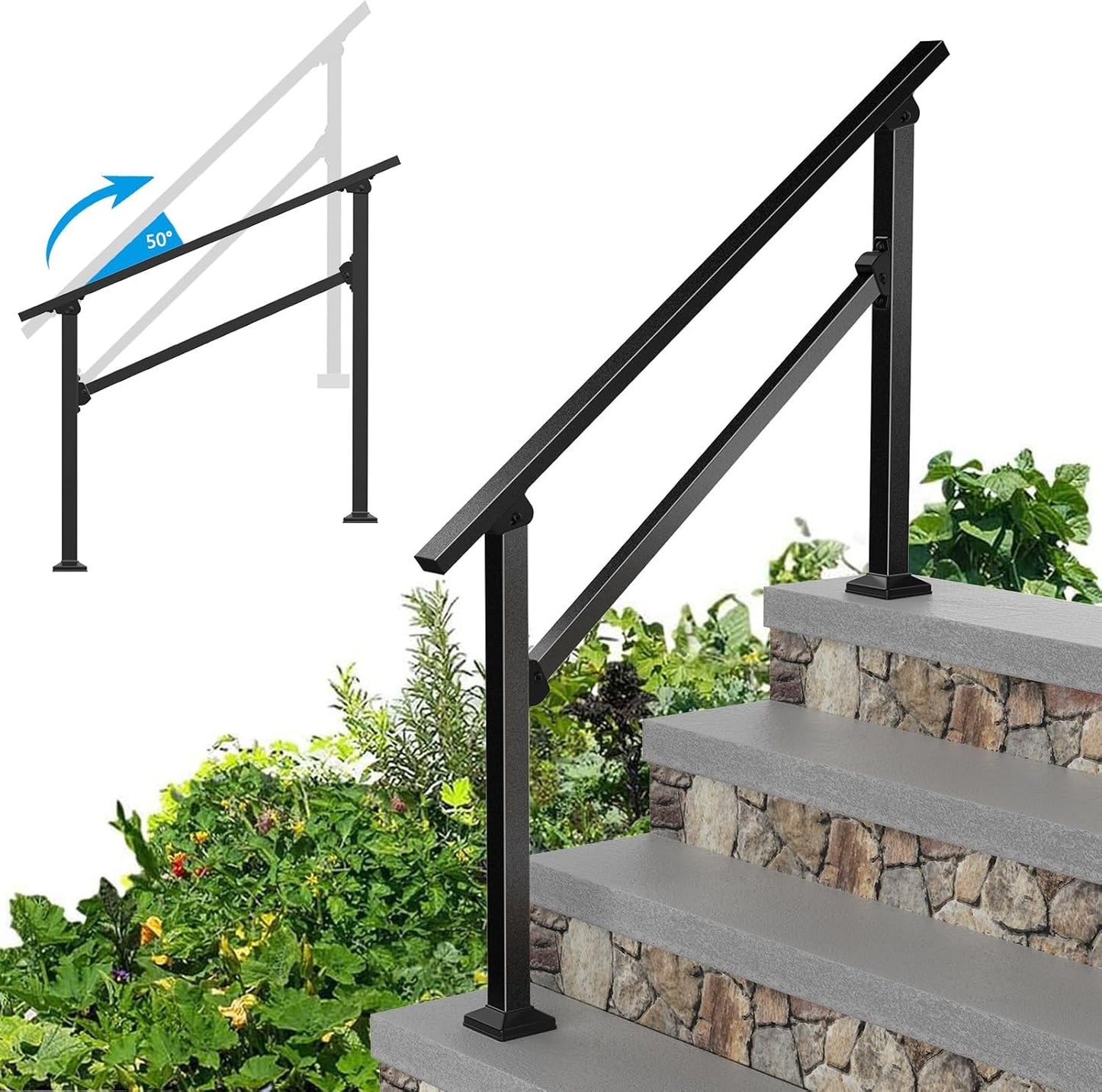 Wrought Iron Handrails for Outdoor Steps - Adjustable Height Railing