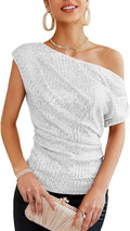 One Shoulder Sequin Sparkly Top - Ruched Asymmetrical Party Shirt