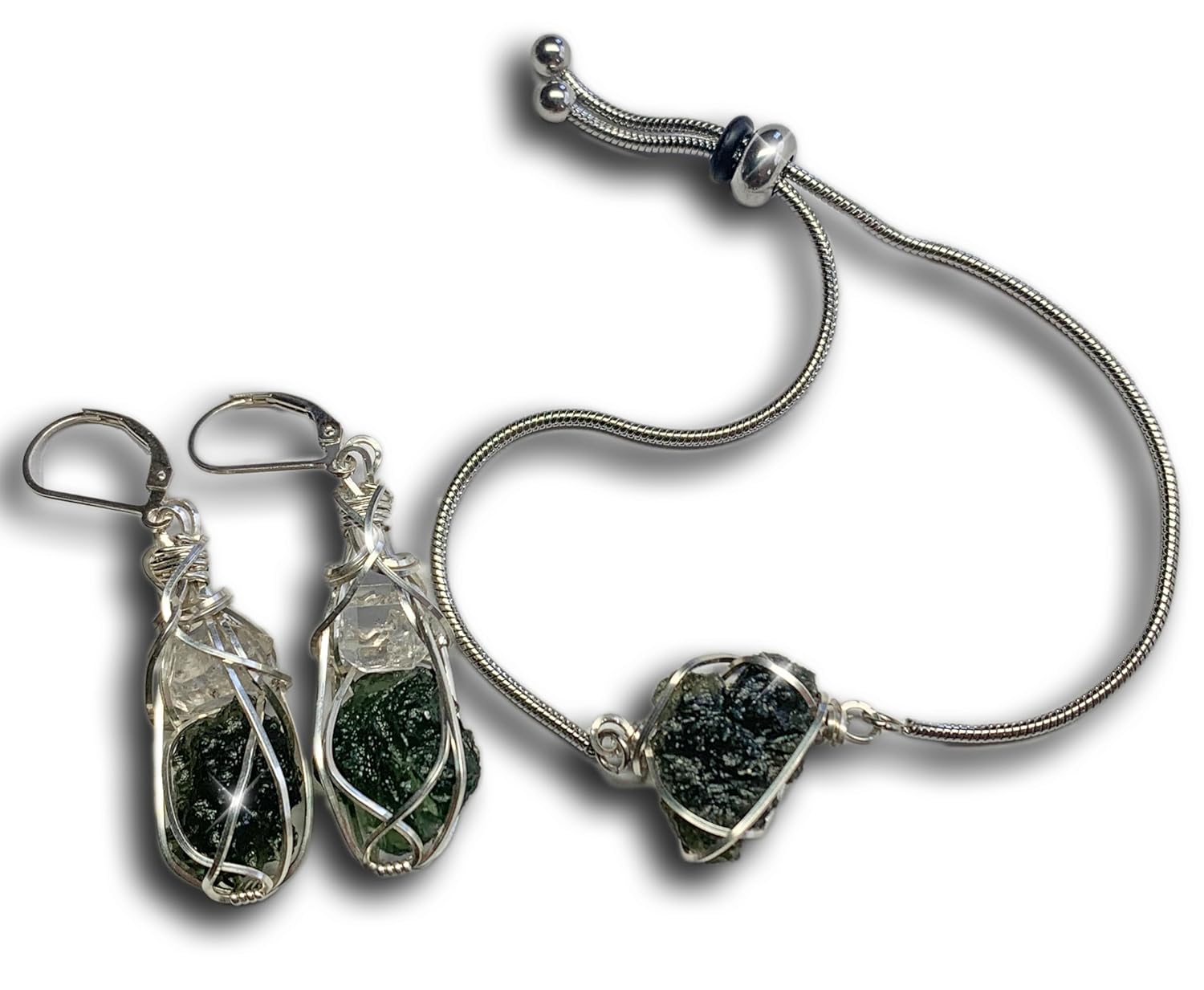 Genuine Moldavite Crystal Pendant with Herkimer Diamond Charm