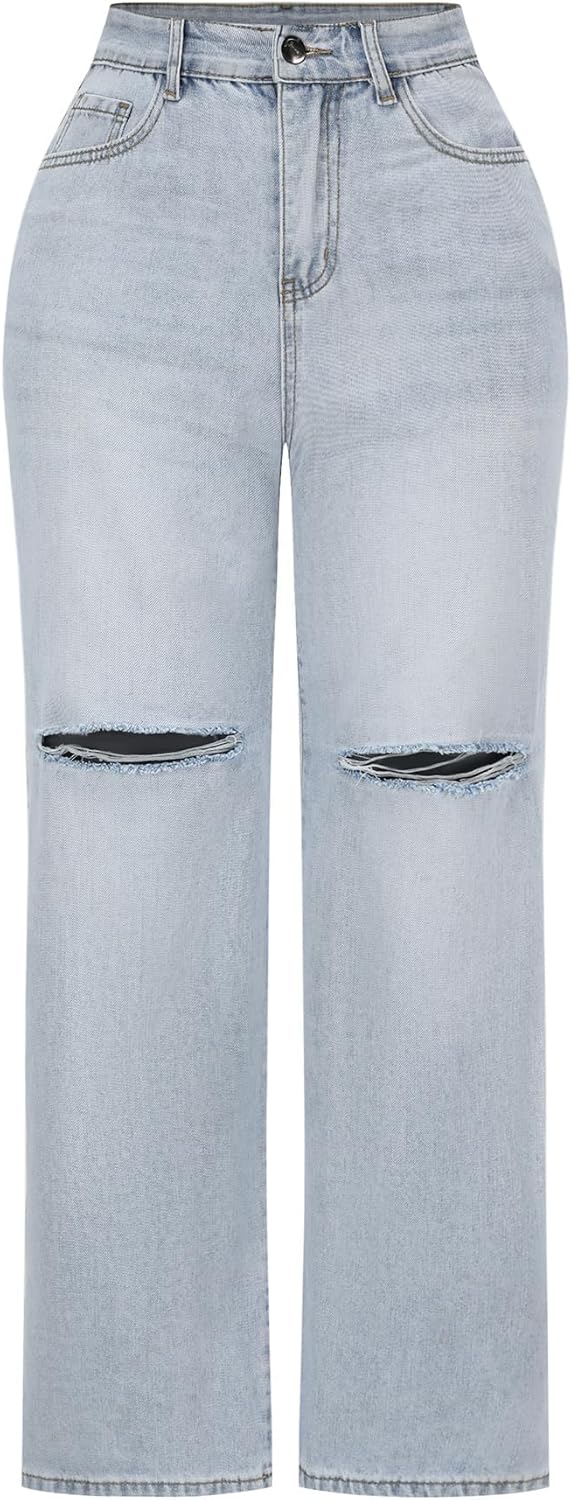 High Waisted Wide Leg Jeans for Women - Stretchy Distressed Denim