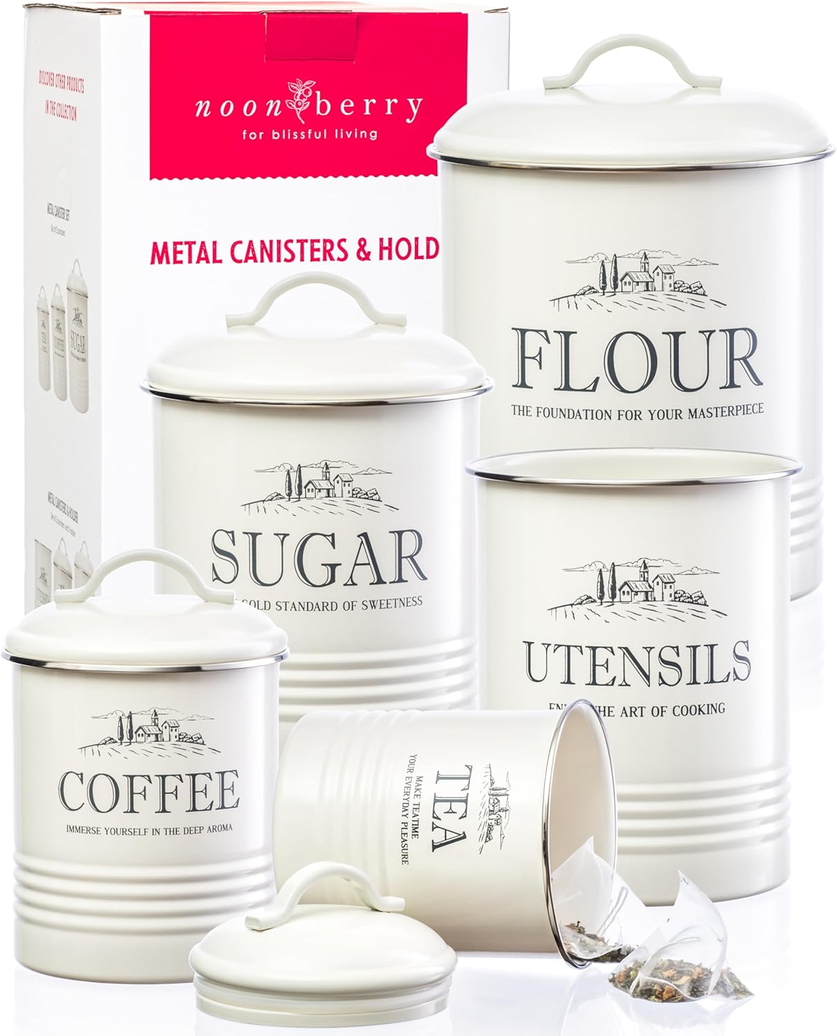 Set of 5 White Airtight Kitchen Canisters for Countertop Use