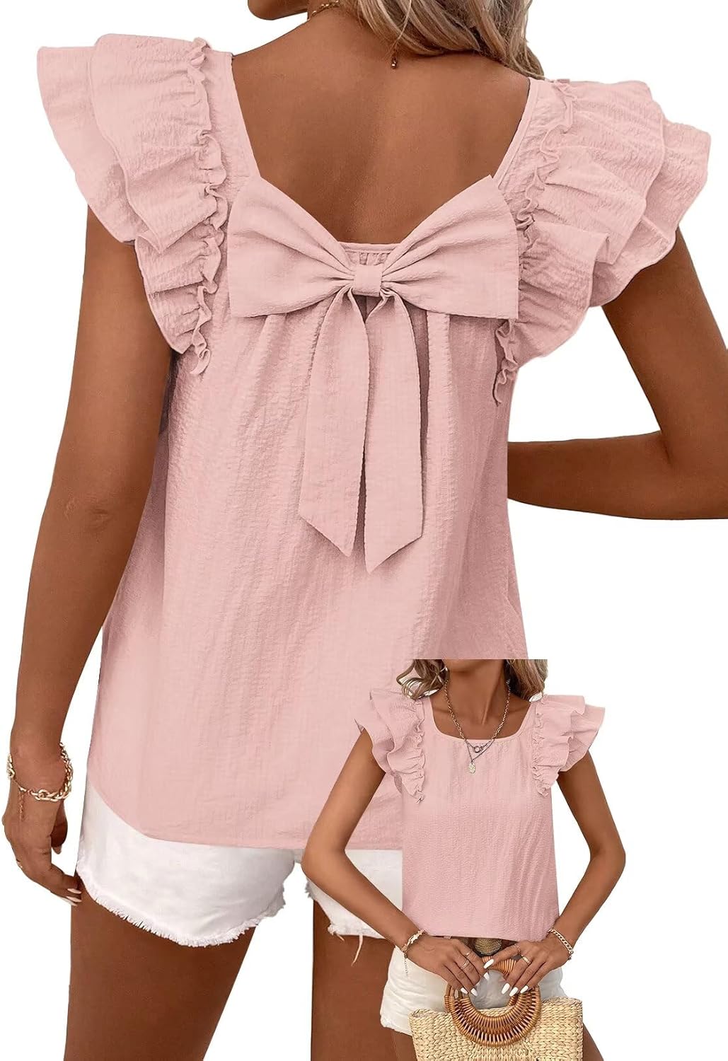 Womens Bow Tie Back Tops Ruffle Short Sleeve Chiffon Tee