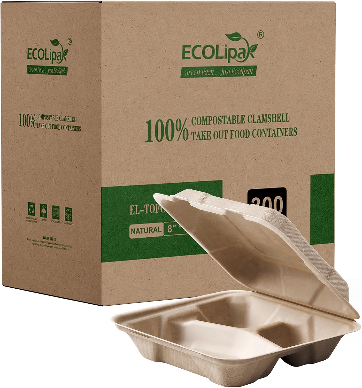 ECOLipak 300 Pack Compostable Clamshell To Go Containers
