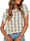 Womens Summer Casual Printed Top Cap Sleeve Crew Neck - Cute Knit