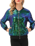 Womens Sequin Jacket with Pockets - Casual Long Sleeve Zip Bomber