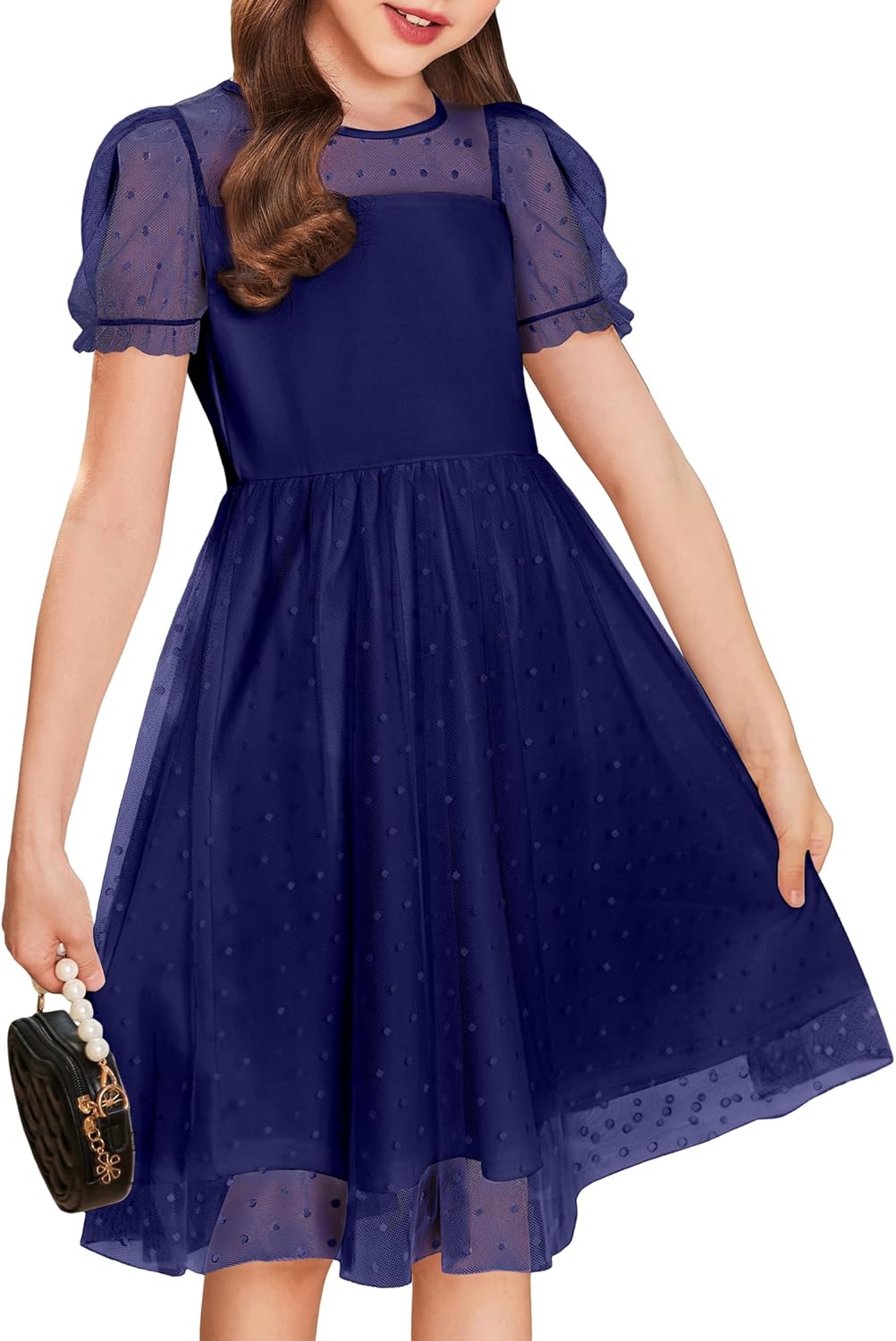 Arshiner Girls Dress Contrast Mesh Puffy Short Sleeve A Line