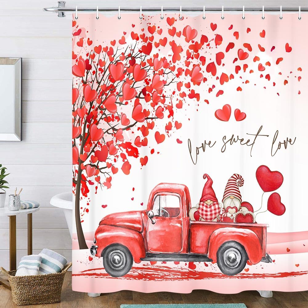 Romantic Gnomes Love Red Hearts Shower Curtain Set