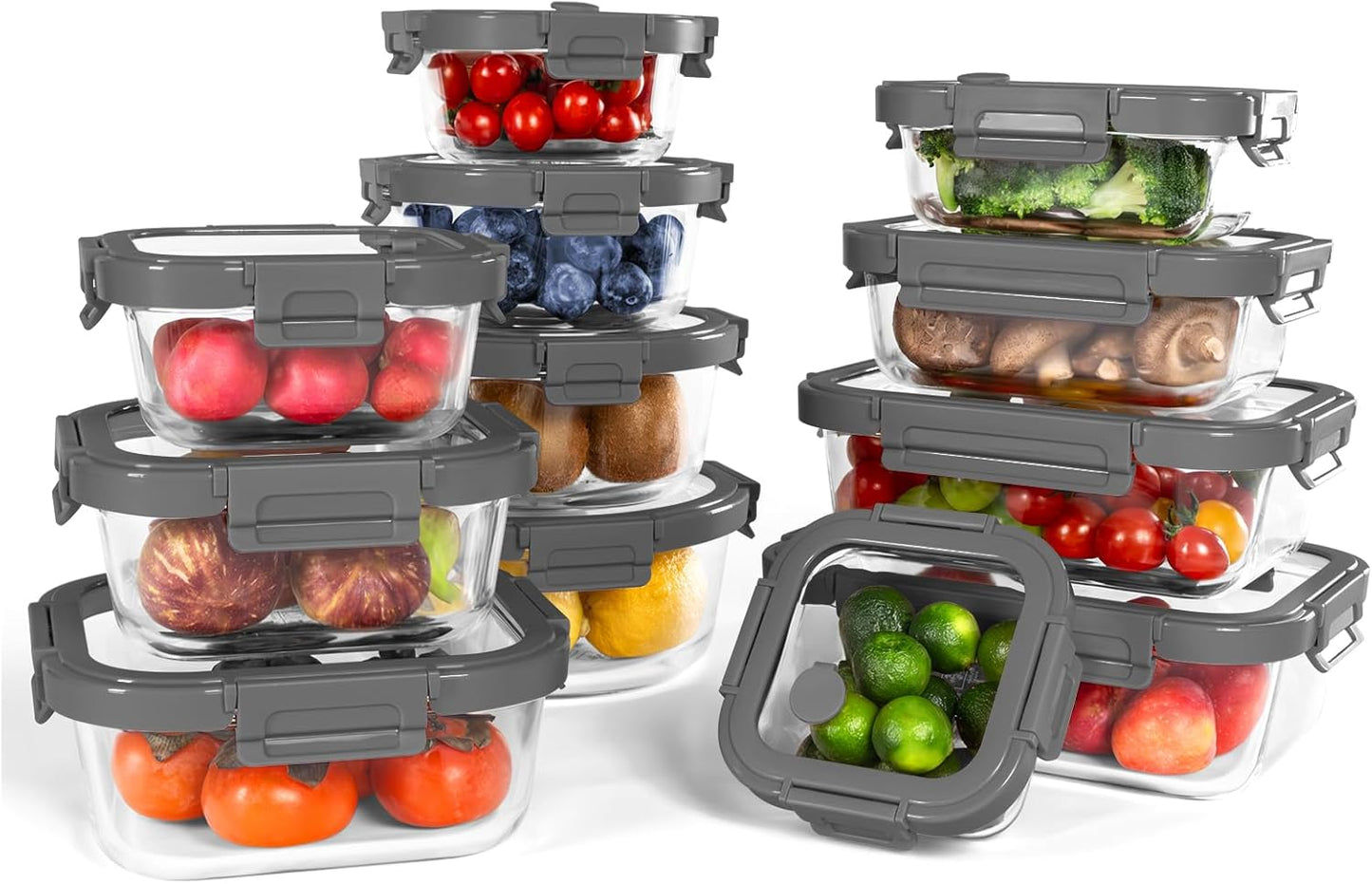 12-Pack Glass Containers with Tempered Lids for Meal Prep