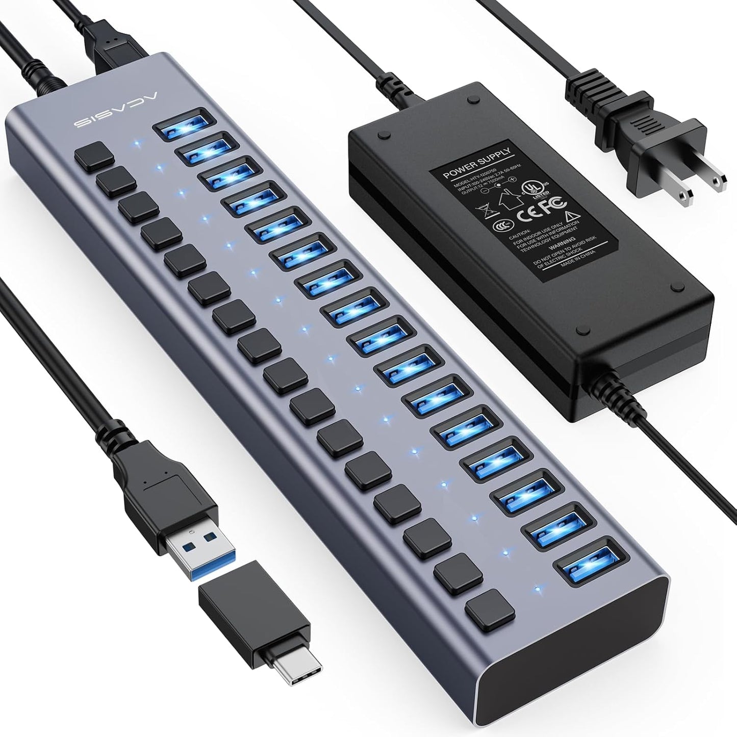 Powered USB 3.0 Hub with 16 Ports and 90W Adapter for Devices