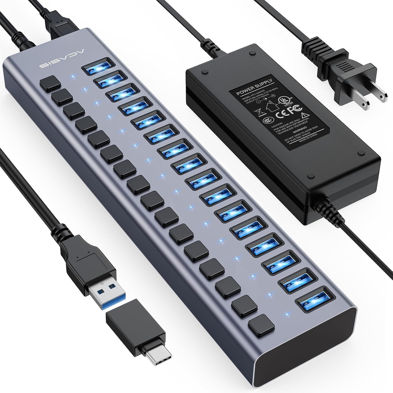 Powered USB 3.0 Hub with 16 Ports and 90W Adapter for Devices