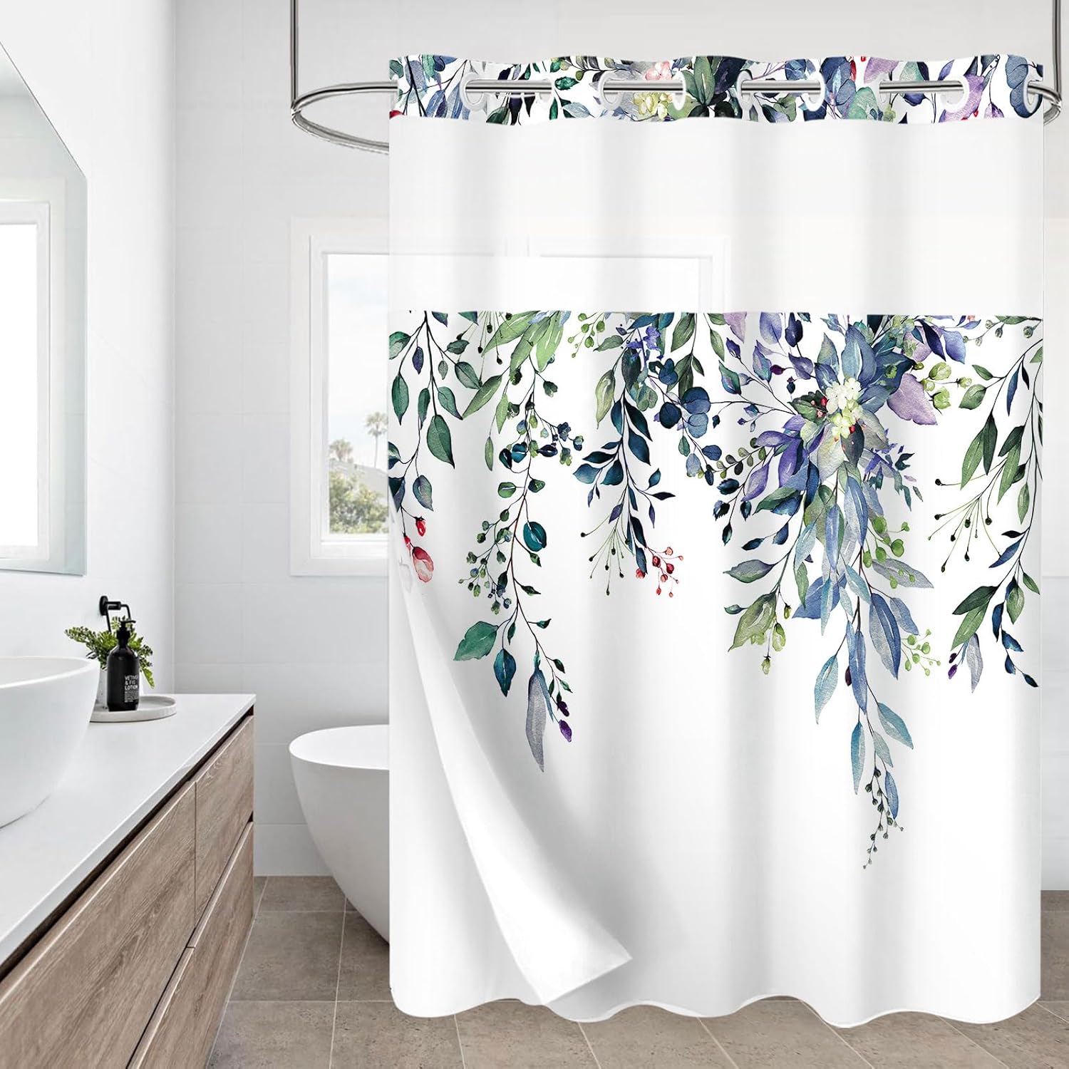 Hotel Style Green Eucalyptus Shower Curtain Set - Waterproof & Washable