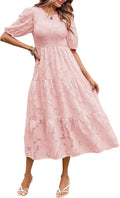 Women's Summer Puff Sleeve Smocked Floral Midi Dress - Flowy Tiered