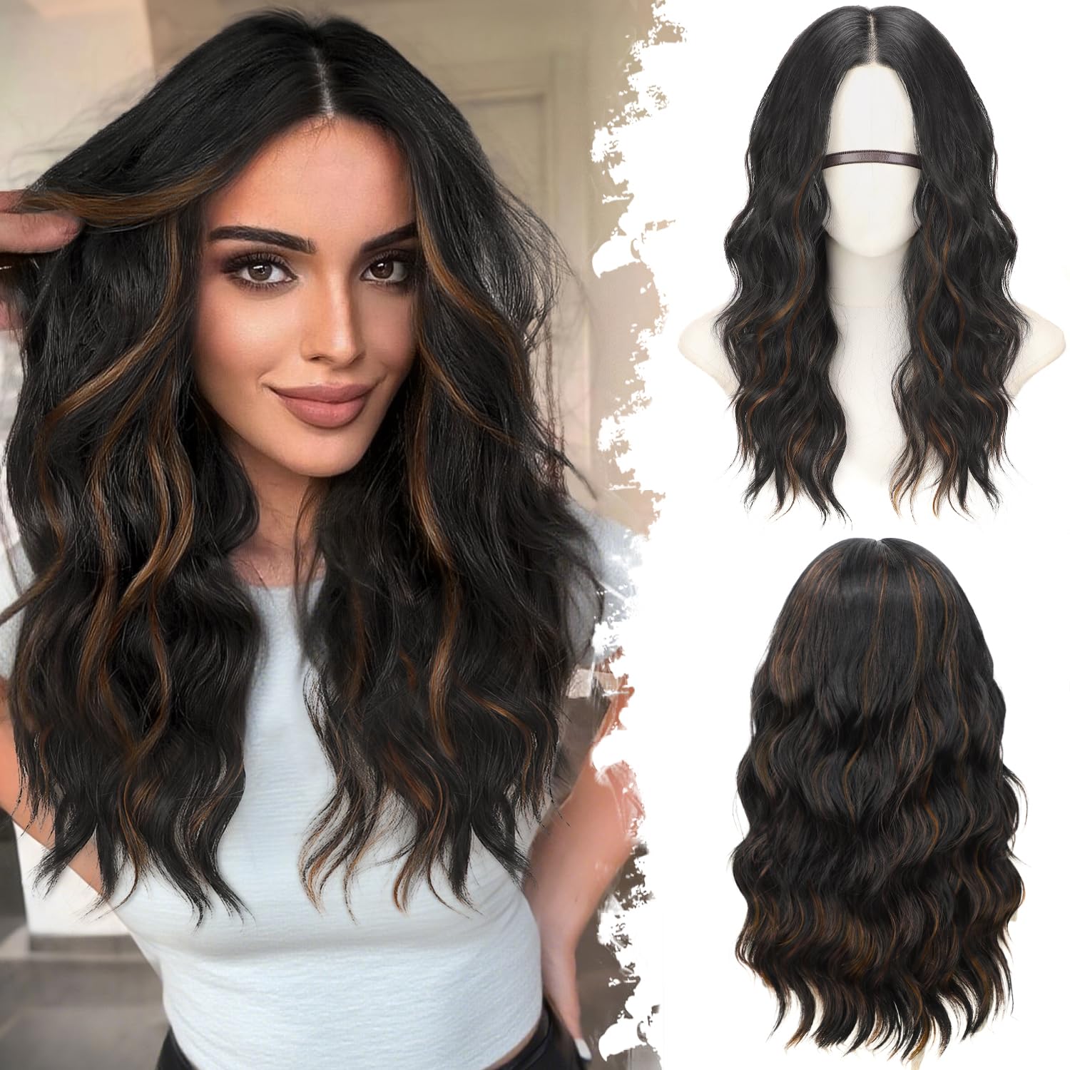 Black Mix Brown Long Wavy Wig for Women, 20Inch Glueless Style