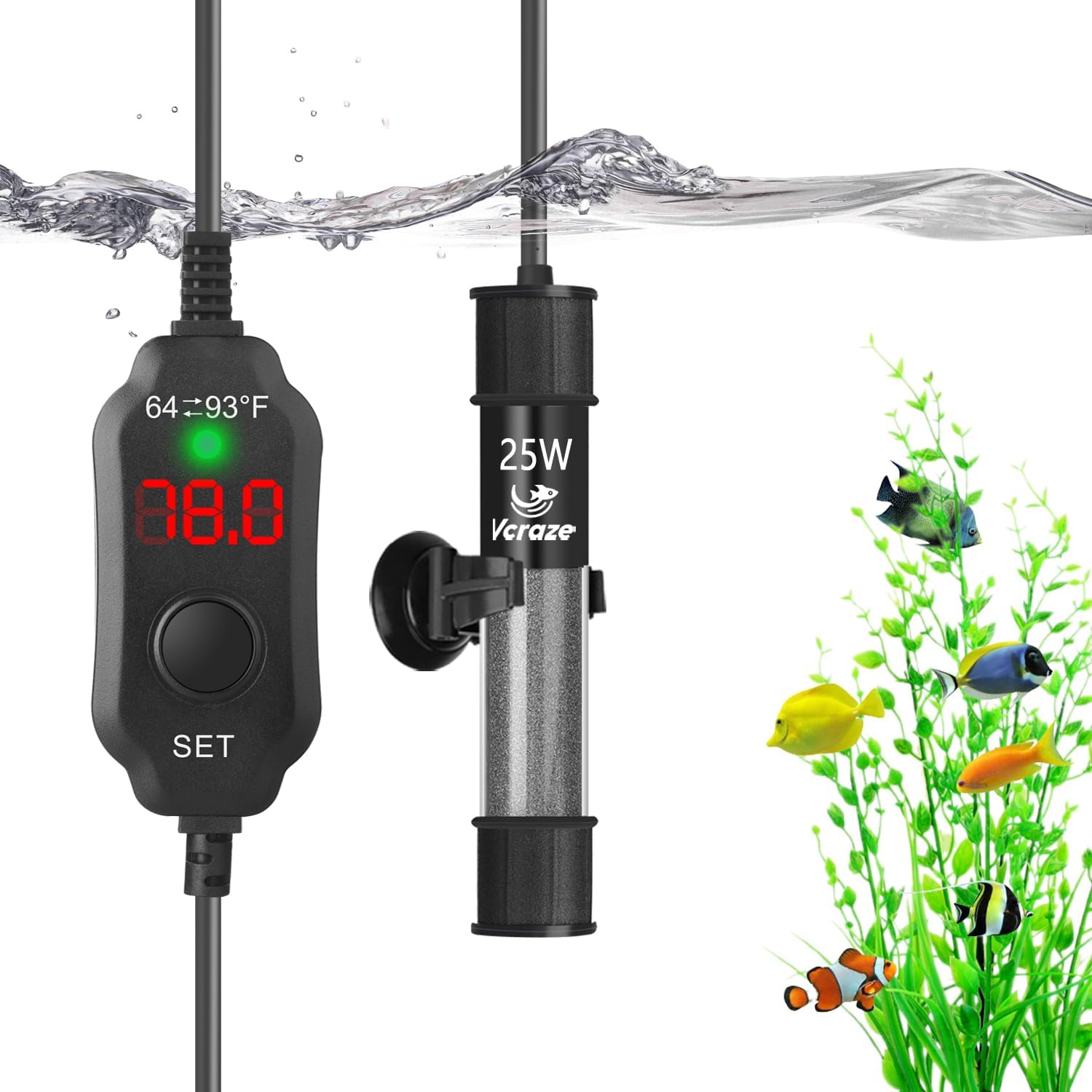 VCRAZE 25W Submersible Fish Tank Heater - Compact & Precise