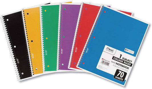 Mead Spiral Notebooks 6 Pack 70 Sheets Each College Ruled 7-1/2 x 10-1/2