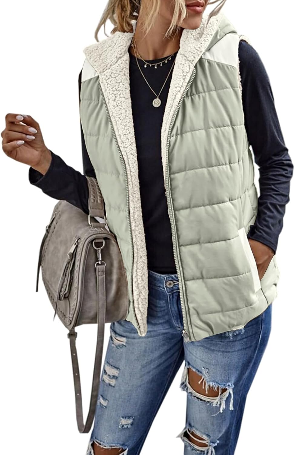 Womens Sherpa Fleece Full Zip Reversible Vest for Cozy Style