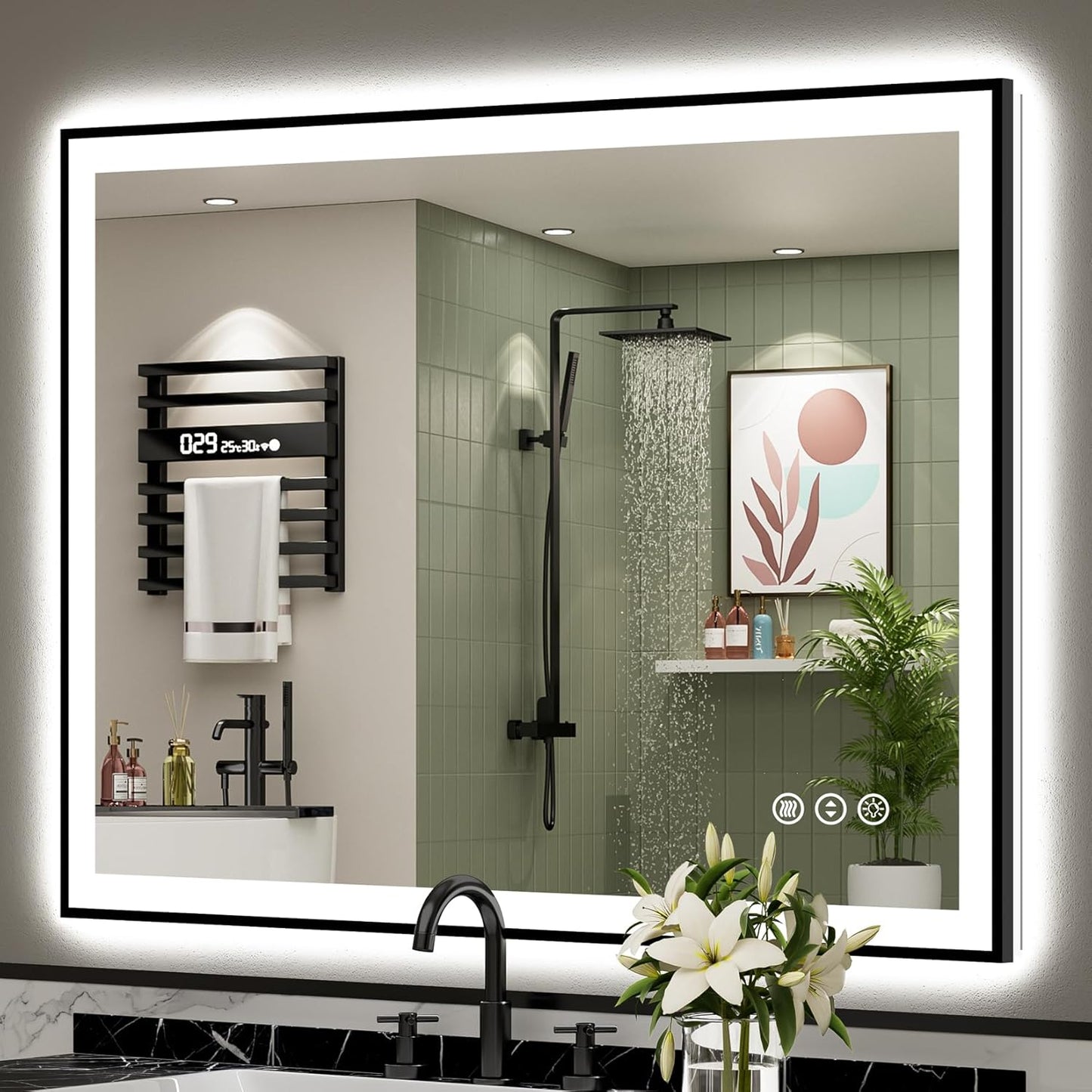 44x36 Black Framed LED Bathroom Mirror with Anti-Fog Feature