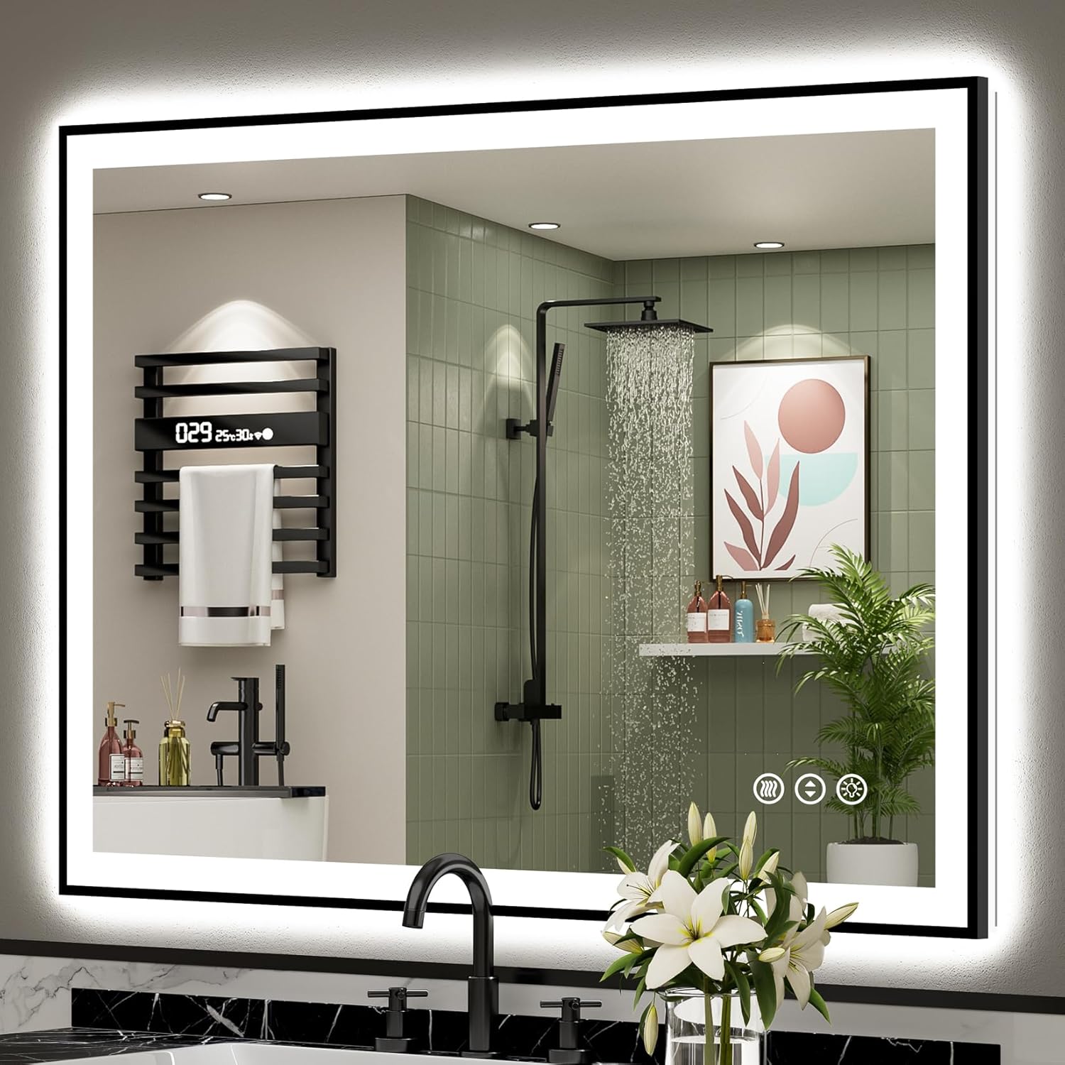 44x36 Black Framed LED Bathroom Mirror with Anti-Fog Feature