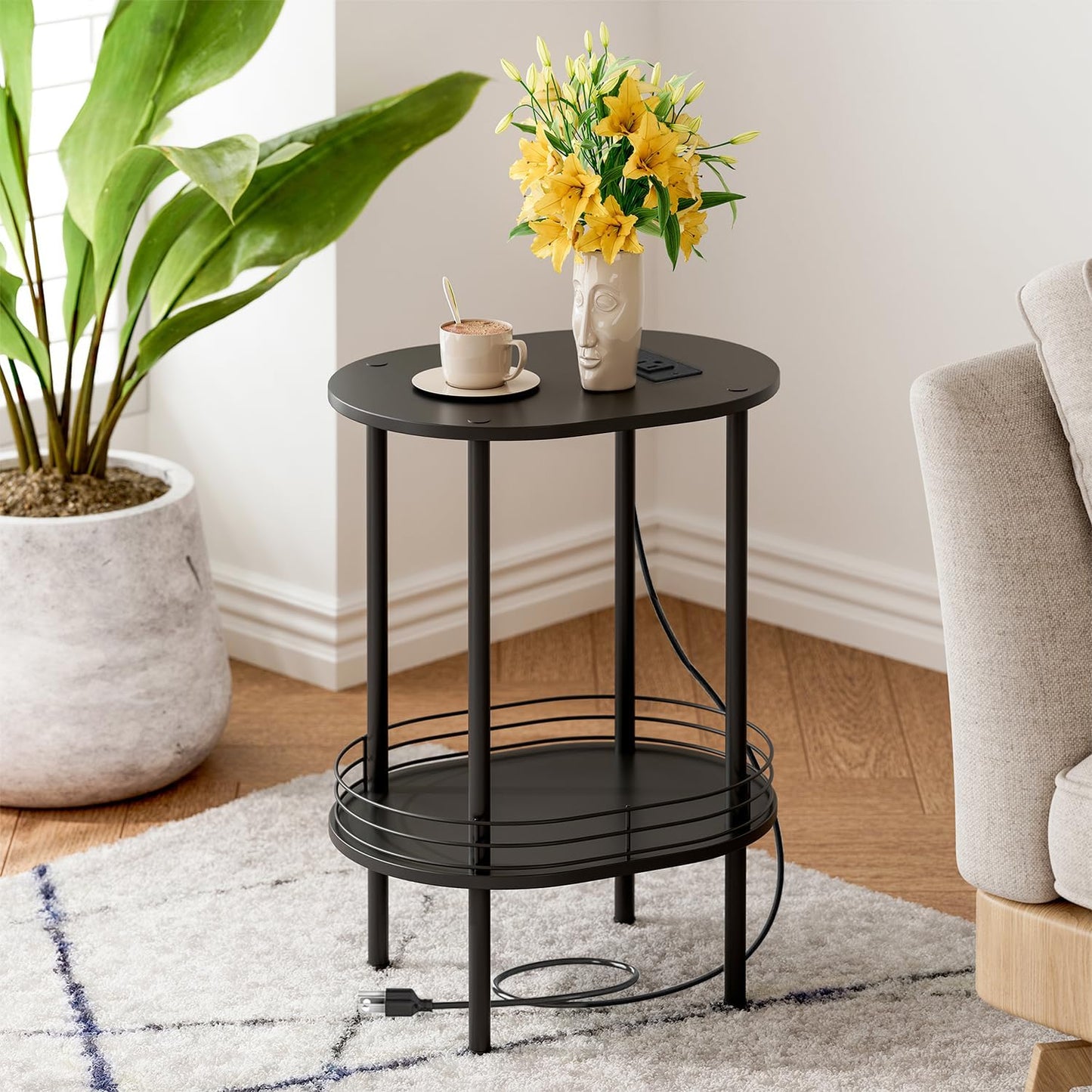 Small Round Side Table with Charging Station and USB Ports
