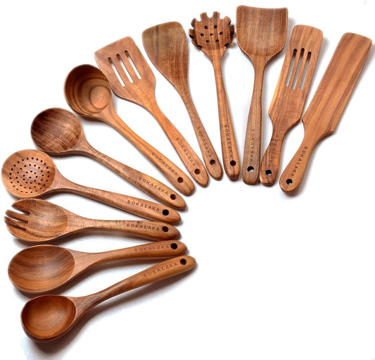 12 Pack Wooden Spoons for Cooking - Natural Teak Kitchen Utensils