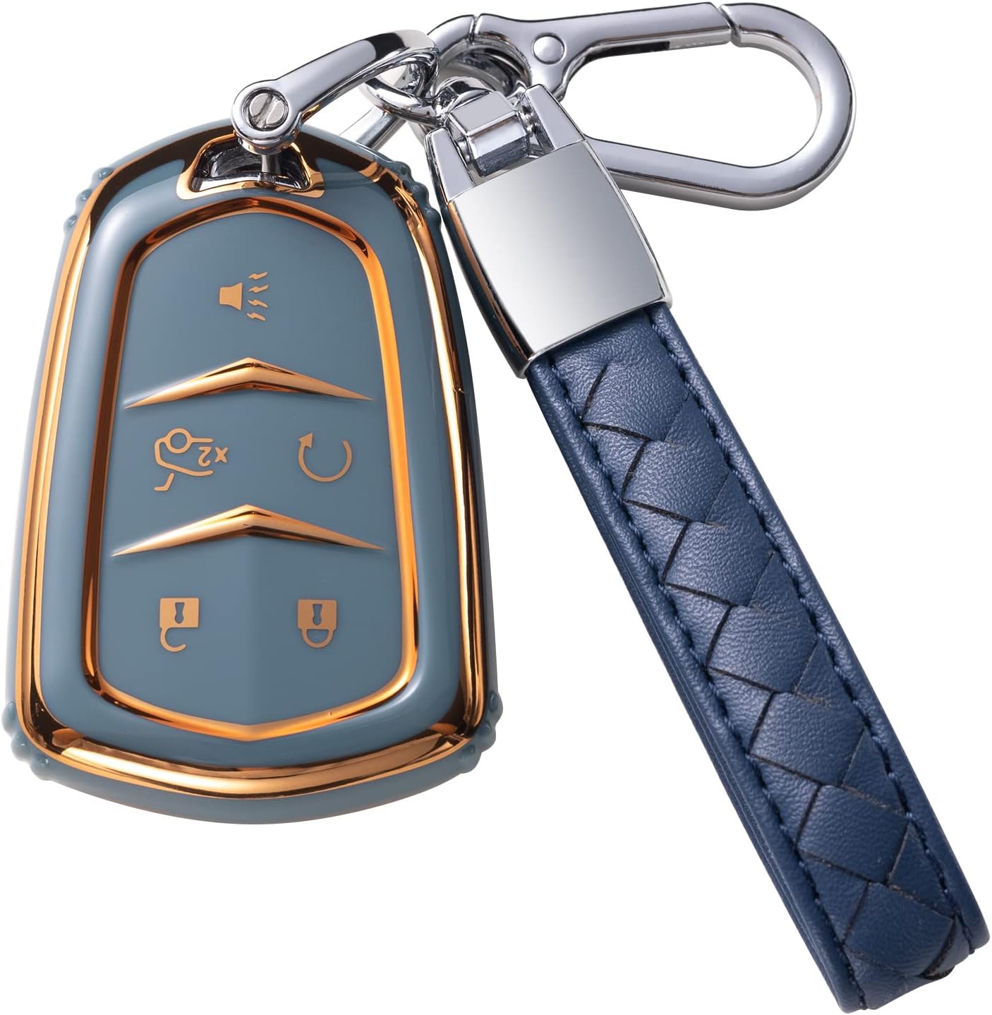 Blue Leather Lanyard Key Fob Cover for Cadillac - Protect Your Smart Remote!