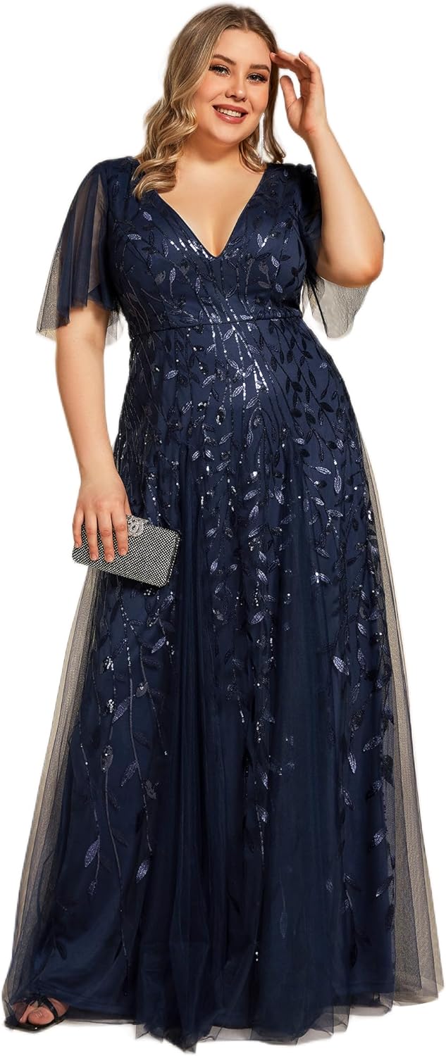 Plus Size V-Neck Sequin Embroidery A Line Evening Dress