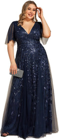 Plus Size V-Neck Sequin Embroidery A-Line Floor Length Dress - Glam at