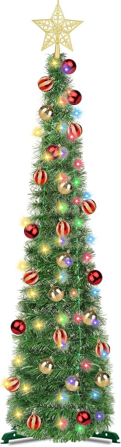 5 Ft Green Pop Up Christmas Tinsel Tree with Color Change Lights
