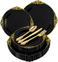 Black and Gold Plastic Plates Set for 25 Guests - Elegant Disposable