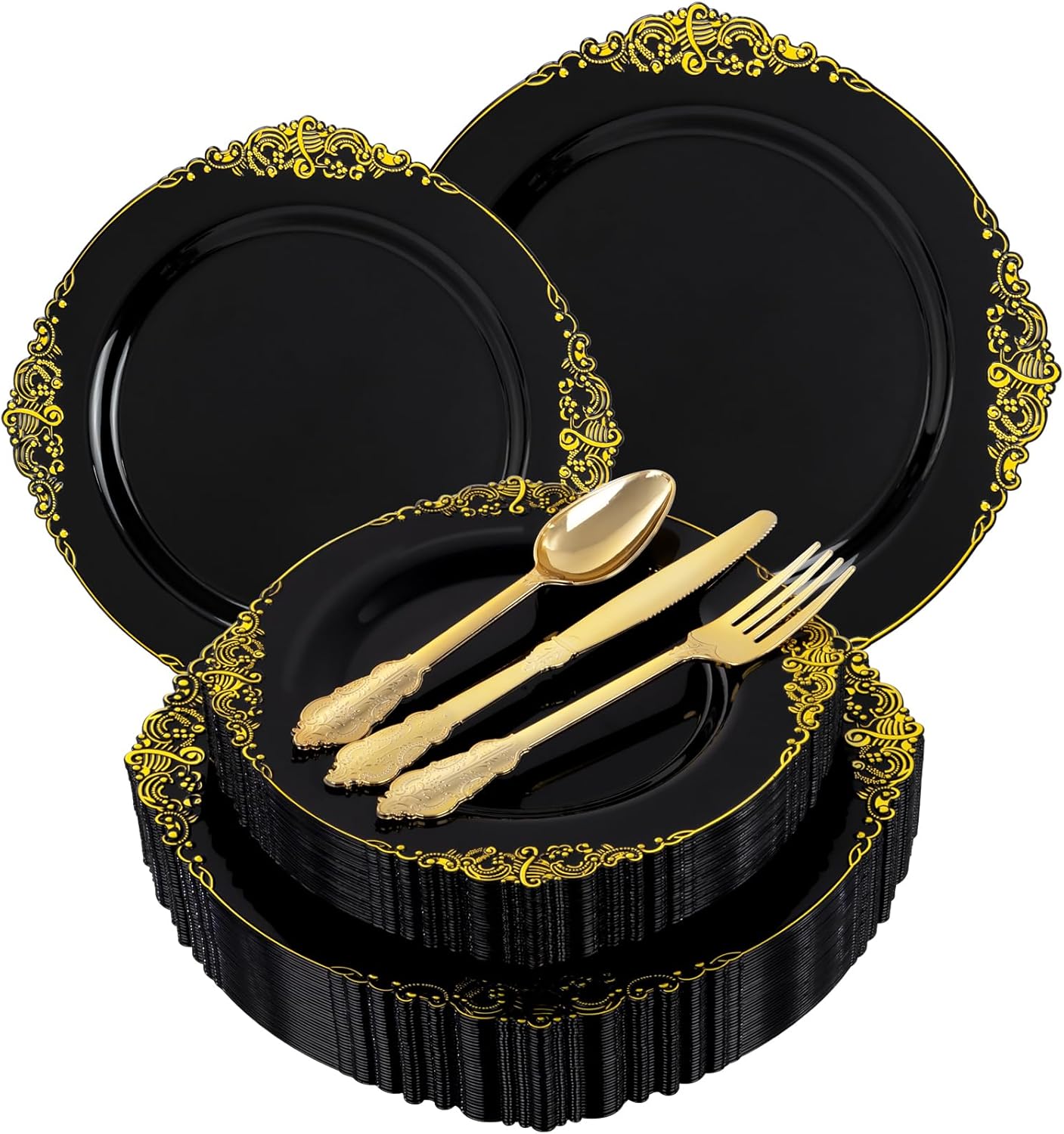 125PCS Black and Gold Plastic Plates for Elegant Parties