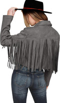 Women's Fringe Faux Suede Leather Jacket - Cropped Tassel Moto Coat