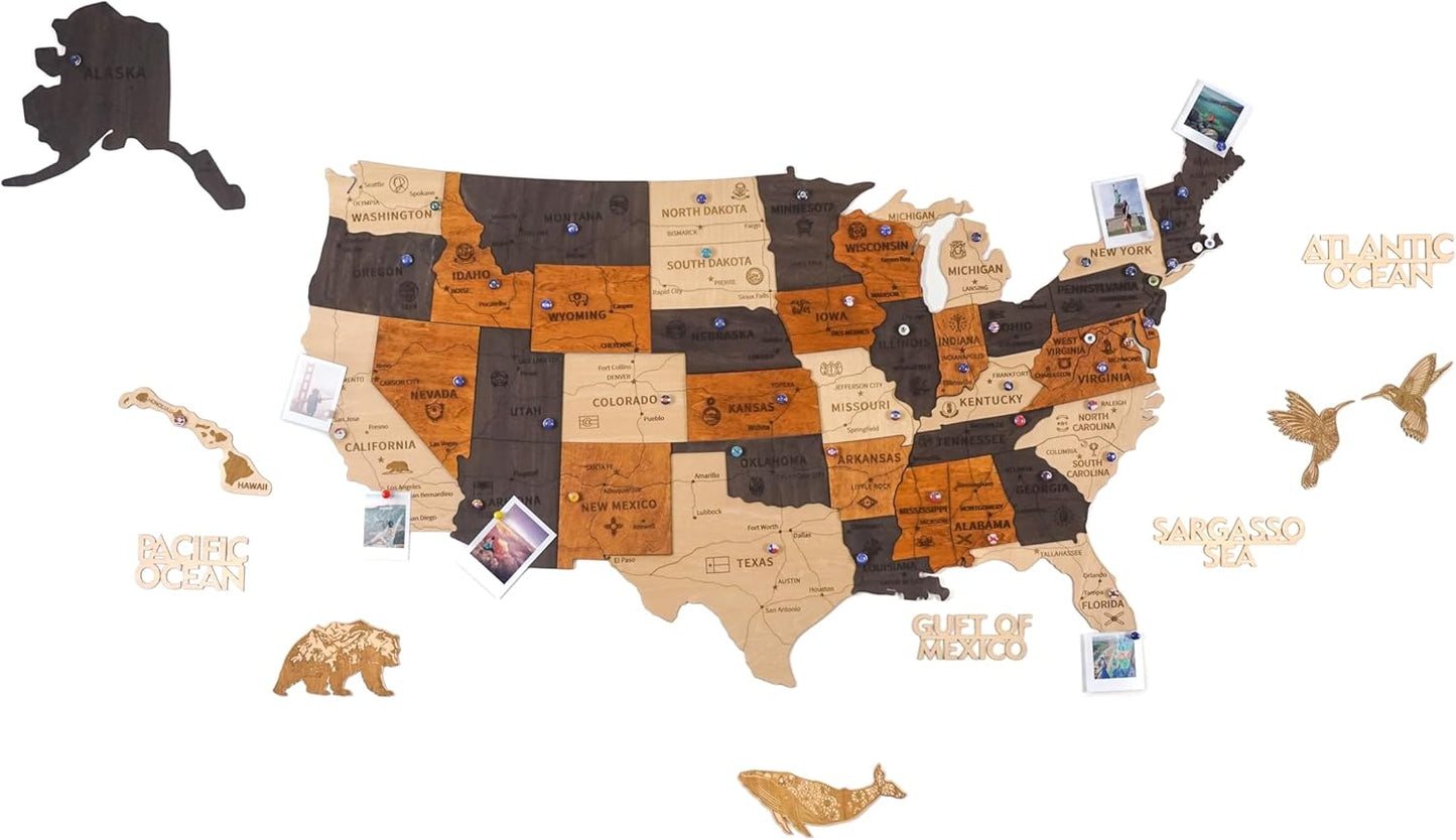 HYPERI 3D Wooden USA Map Wall Art for Travel Enthusiasts
