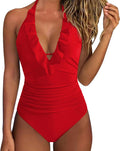 Halter One Piece Swimsuit Ruffle Tummy Control - Flattering Fit Neck