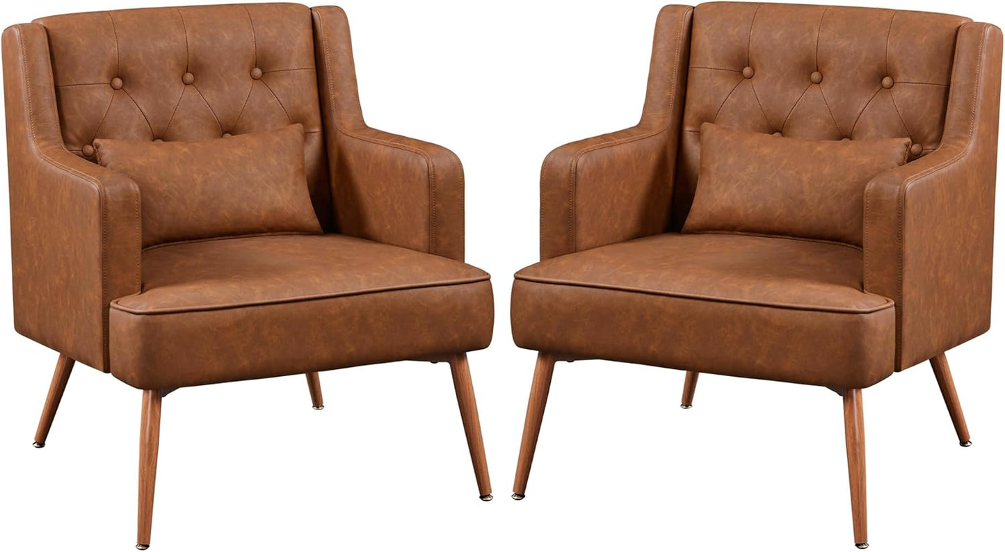 Modern PU Leather Accent Chairs x2 - Cozy Mid Century Styling