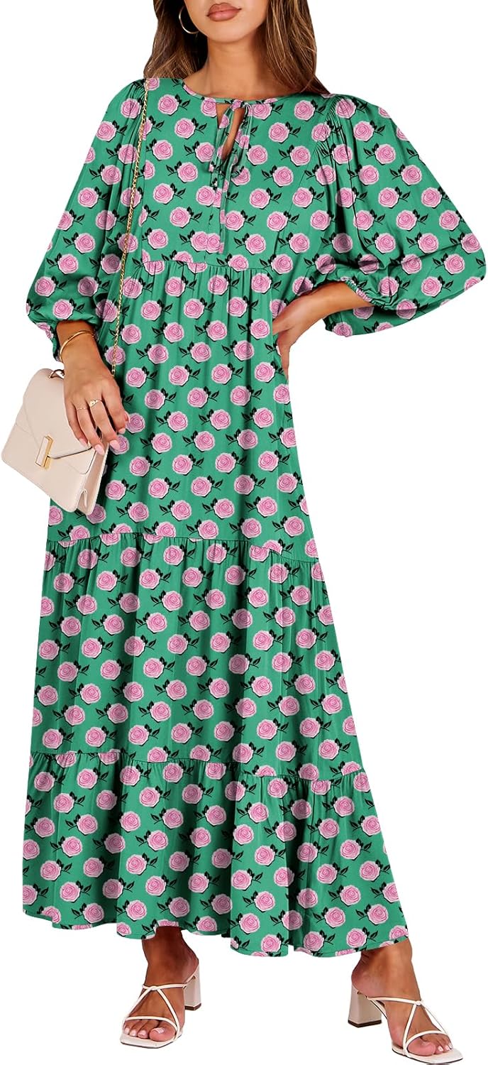 Boho Maxi Dresses for Women - Floral V Neck Puff Sleeve Style