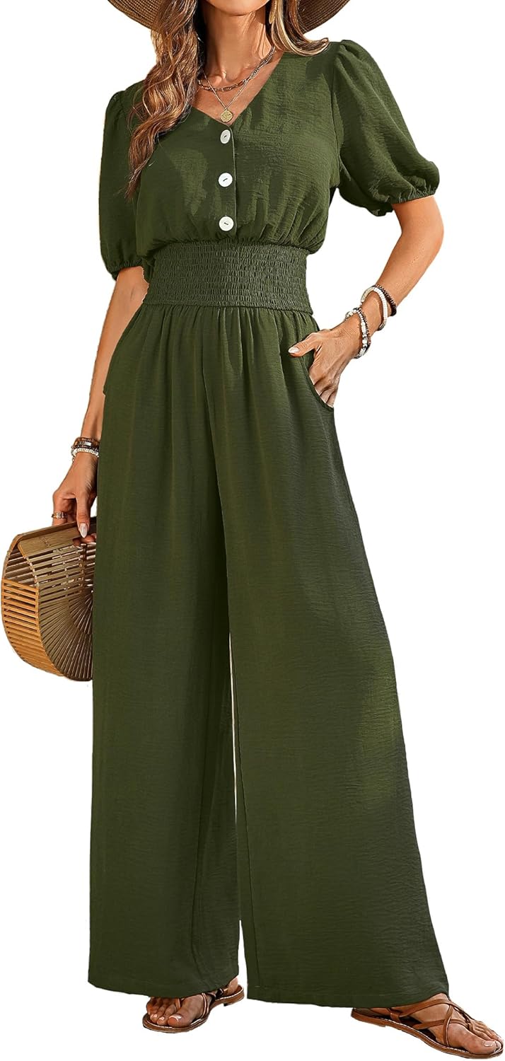 Womens Jumpsuits Short Sleeve V Neck Dressy Casual Wide Leg Pants