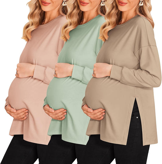 Ekouaer Maternity Shirts 3 Pack Long Sleeve Side Ruched Tops