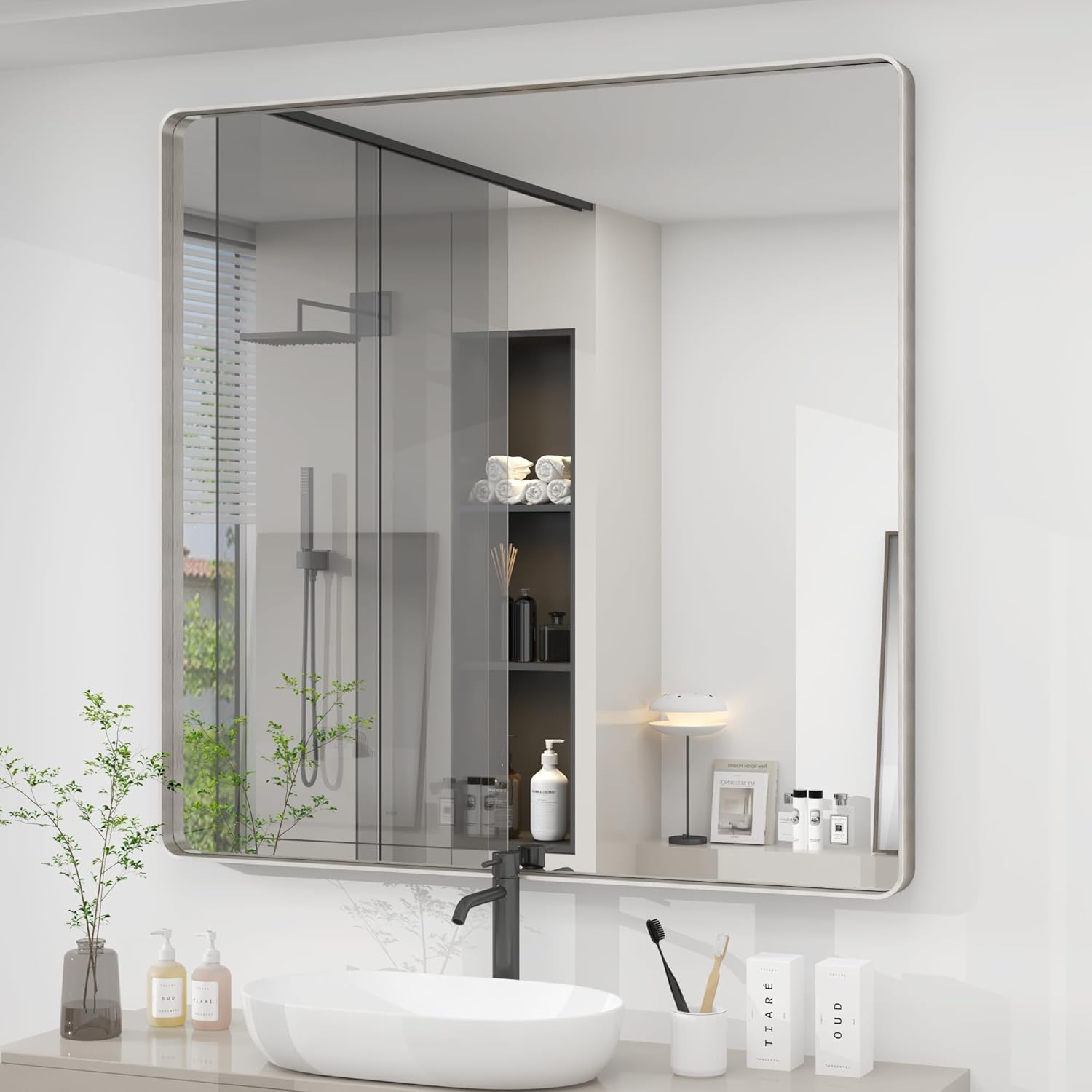 36x36 Silver Square Bathroom Mirror with Brushed Metal Frame