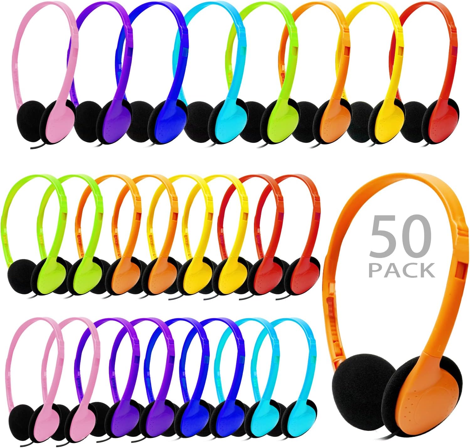 Bulk Classroom Headphones for Kids and Adults - 50 Pack Multi Color
