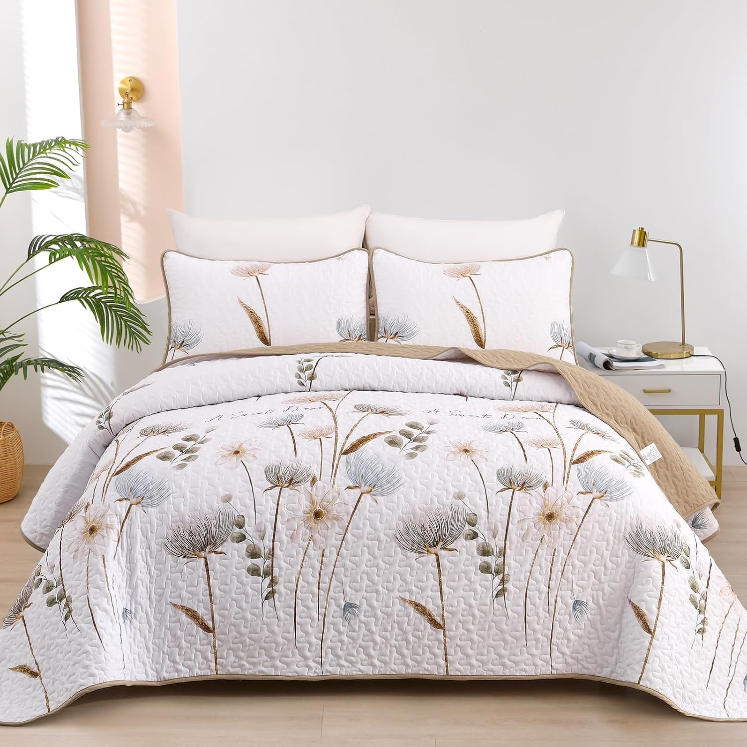 Dinjoy Khaki Quilt Set Full Size - Reversible Floral Bedding