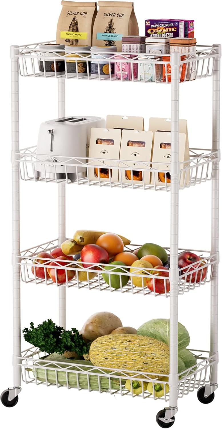 Adjustable 4 Tier Basket Shelf for Kitchen and Garage Storage