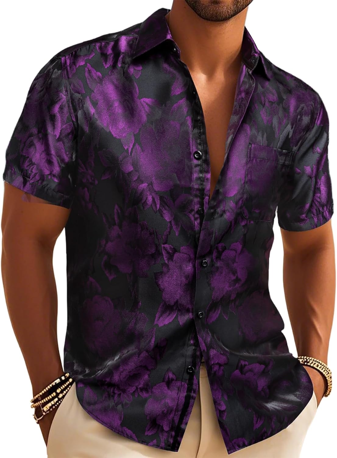 Men's Silk Shirt Paisley Floral Jacquard Short Sleeve Dress Shirt